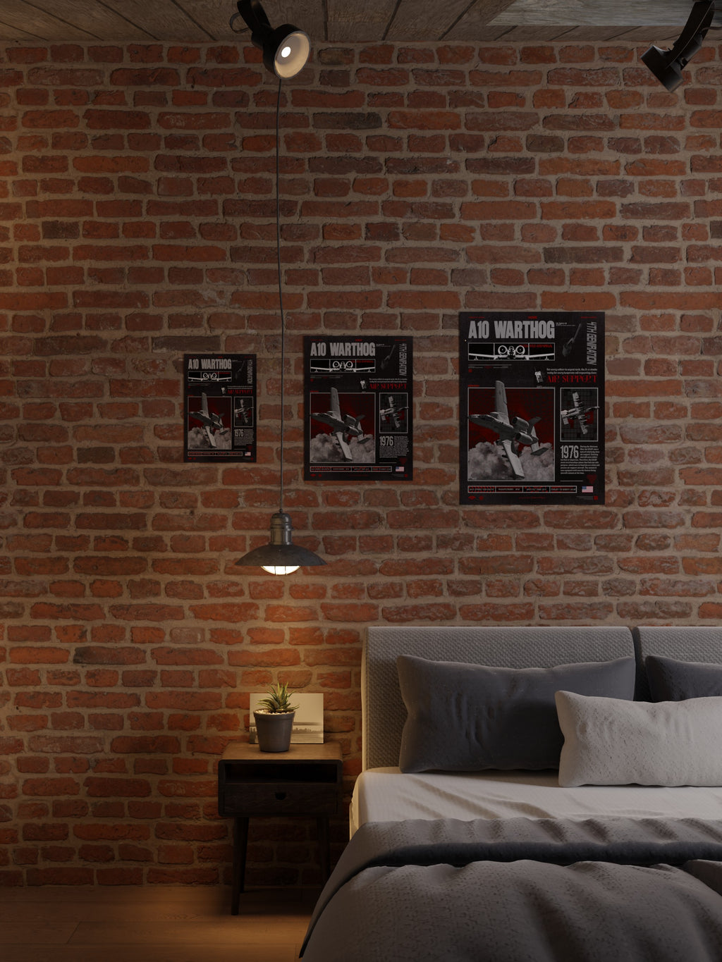 A-10 Warthog fighter jet unframed poster with 3 different sizes attached to a brick wall in a bedroom