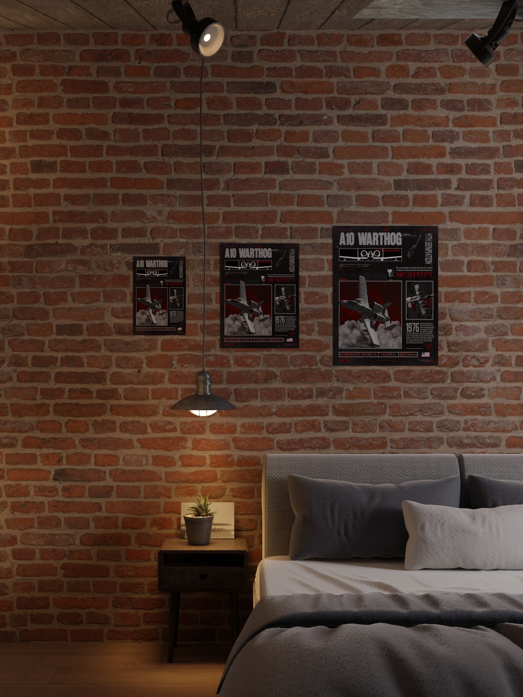 A-10 Warthog fighter jet unframed poster with 3 different sizes attached to a brick wall in a bedroom