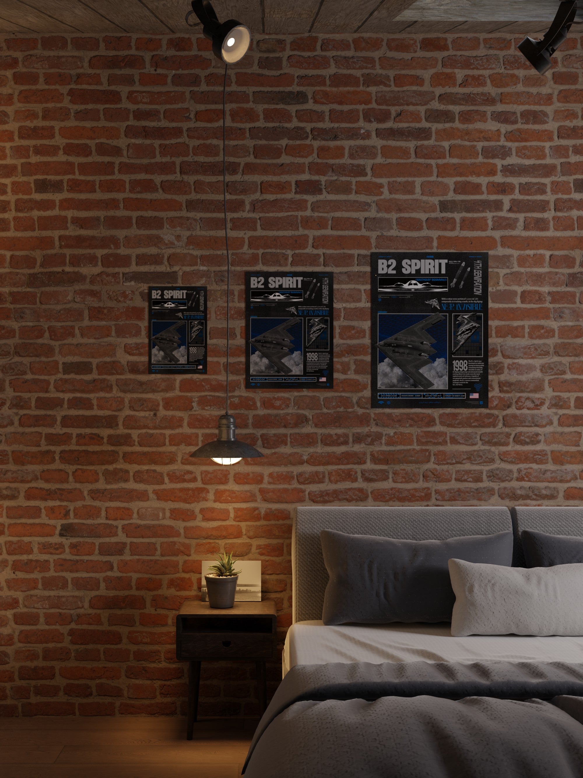 B-2 Spirit fighter jet unframed poster with 3 different sizes attached to a brick wall in a bedroom